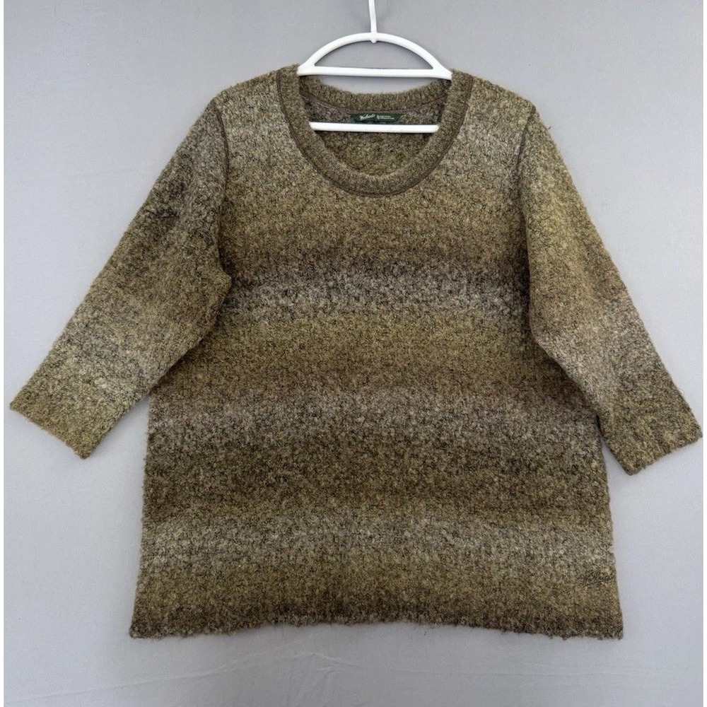Woolrich Wool Sweater Womens XL Crewneck Brown Green Earthtones Sherpa 3/4 Sleev